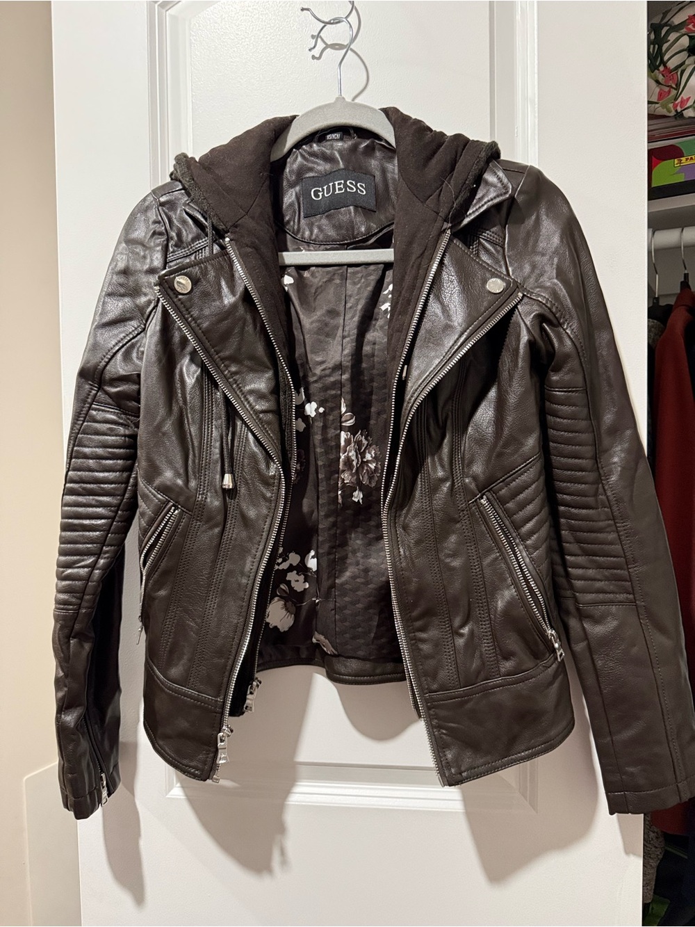 GUESS Chocolate Brown Faux Leather Moto Jacket with Hood